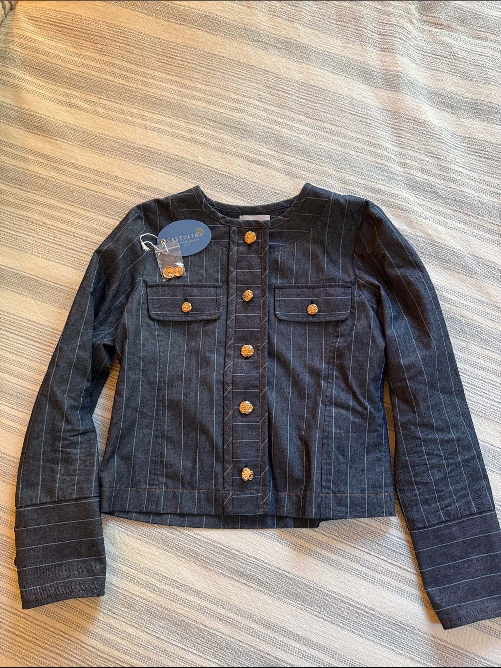 Cartolina Navy Pinstripe Cropped Button Jacket with Gold Buttons